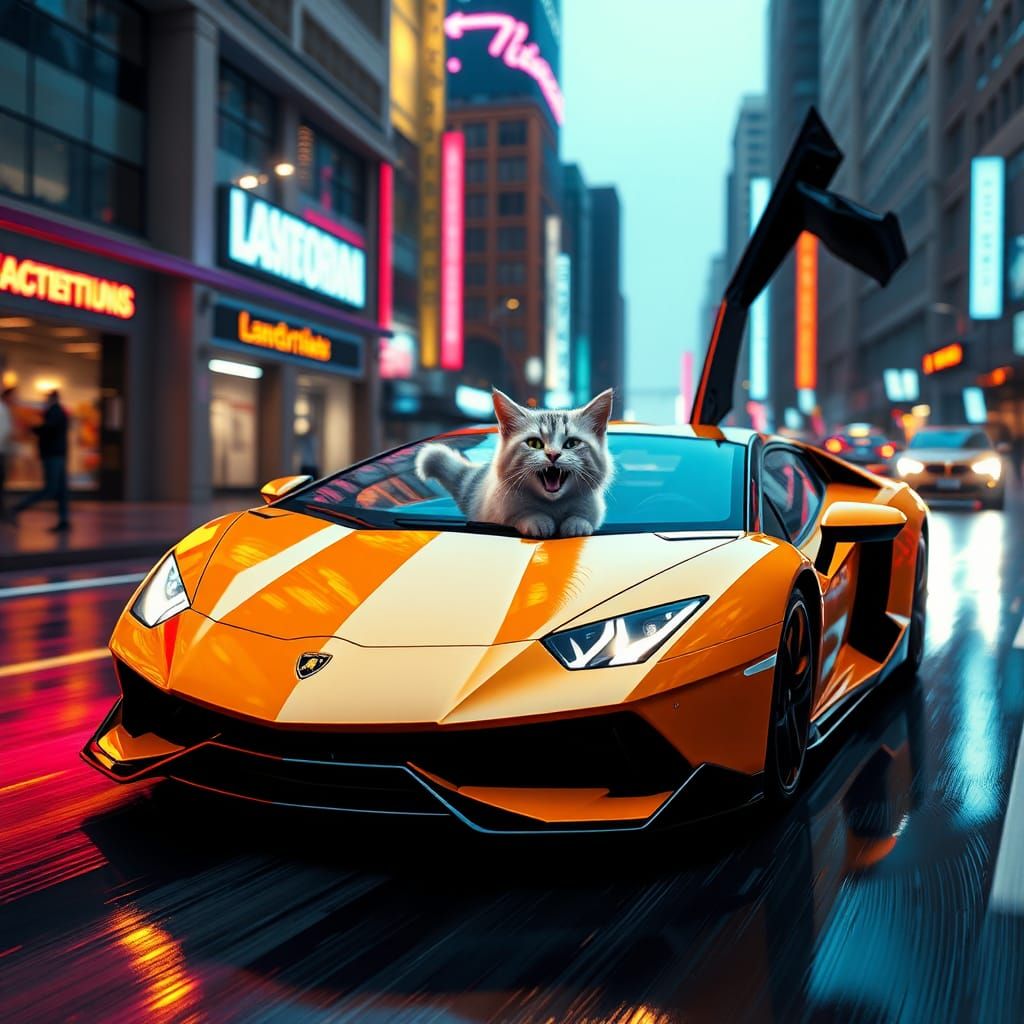 creame un lamborghini, que va a una velocidad de 80 km/h, en donde por una ventanilla del auto se asoma un gato riendo,
