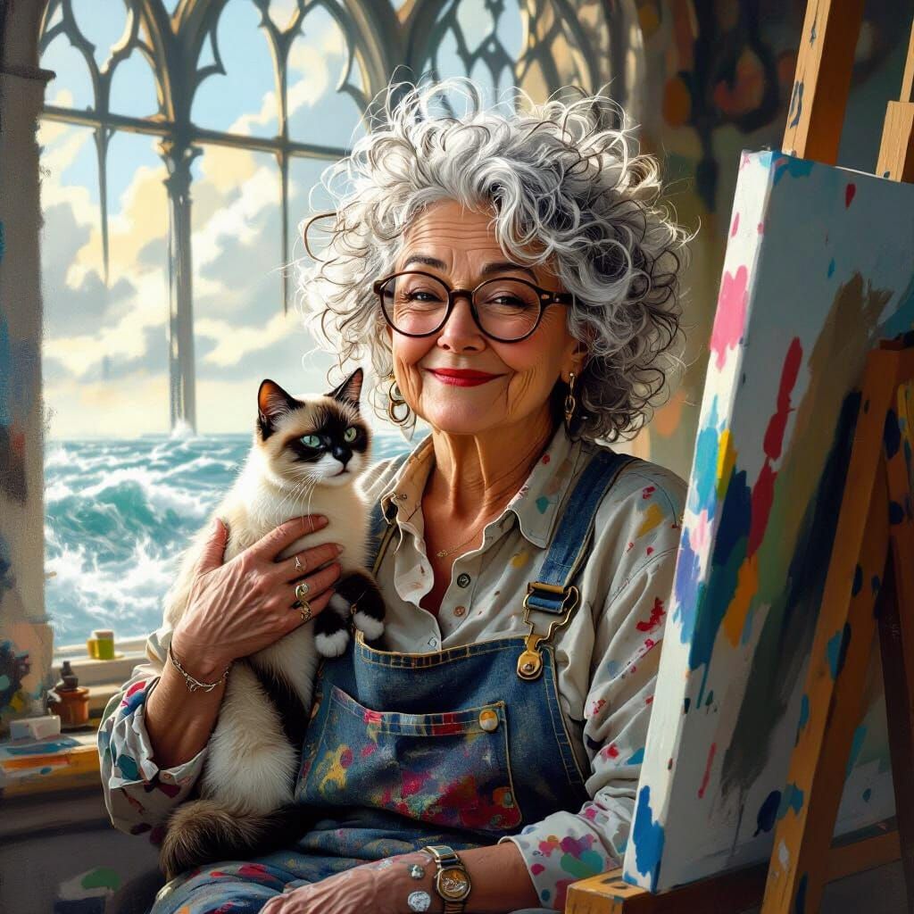 Painter with Cat, Expressive Abstract Painting