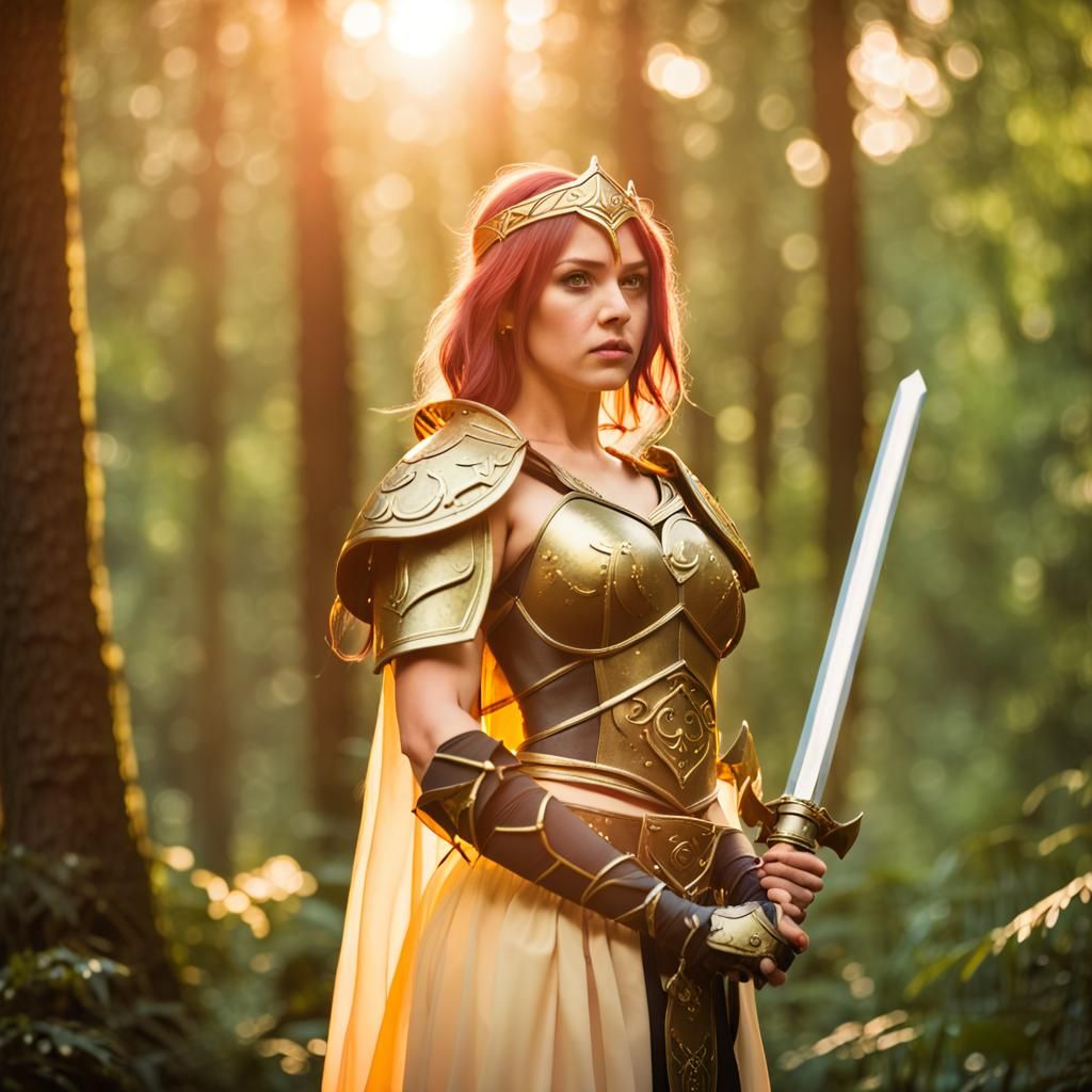 Dazzling Warrior Princess in a Lush Golden Hour Forest