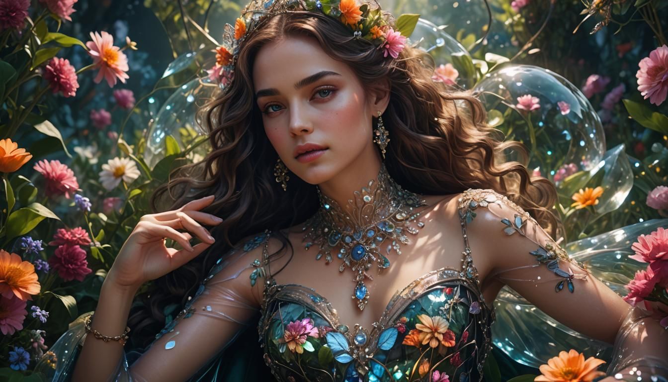 Woman in Glass Gown in Flower Garden, Detailed Art