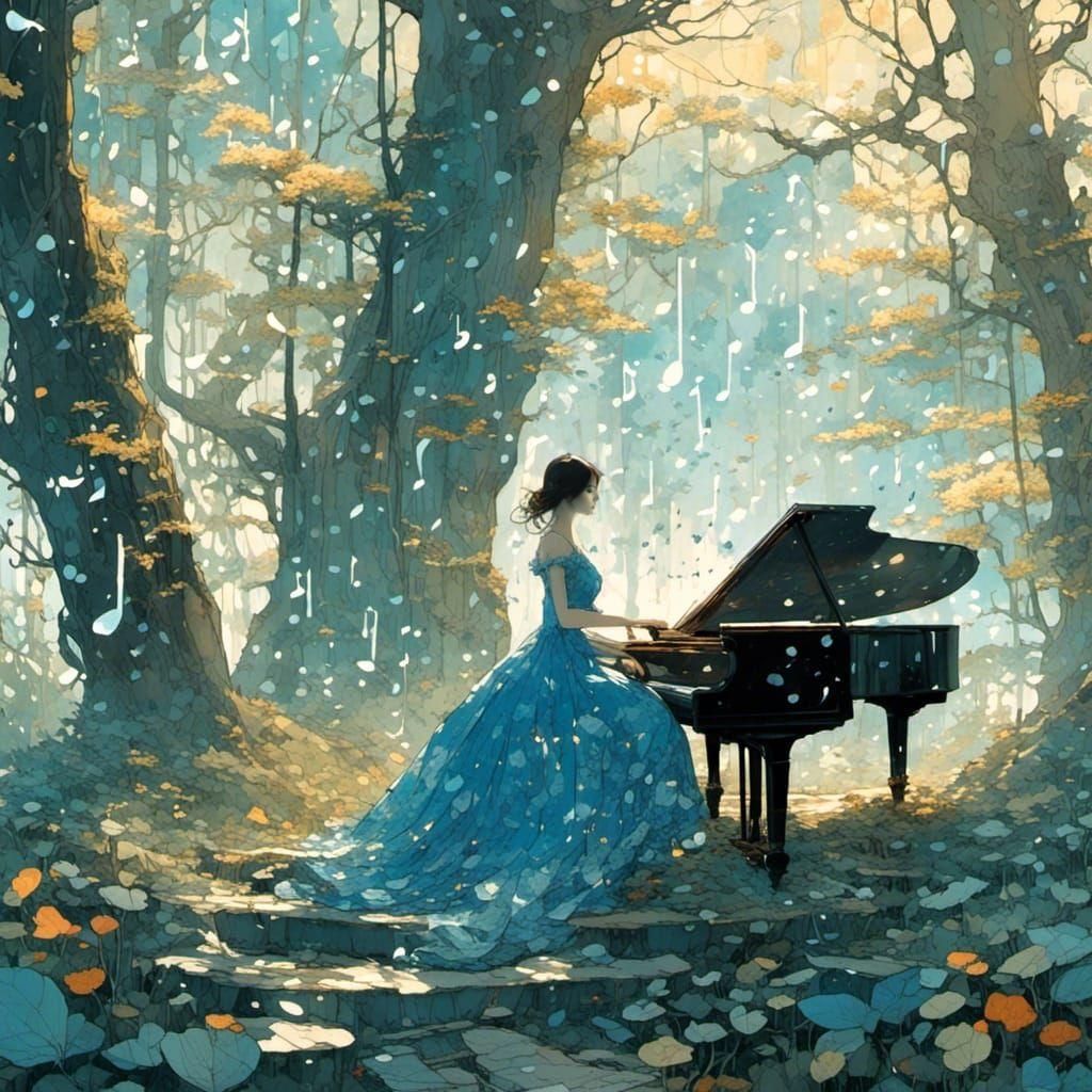 Woman in Musical Dress at Piano in Forest