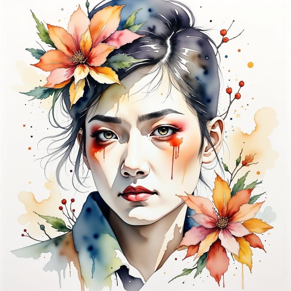 Floral Ink Wash Portrait of Young Man