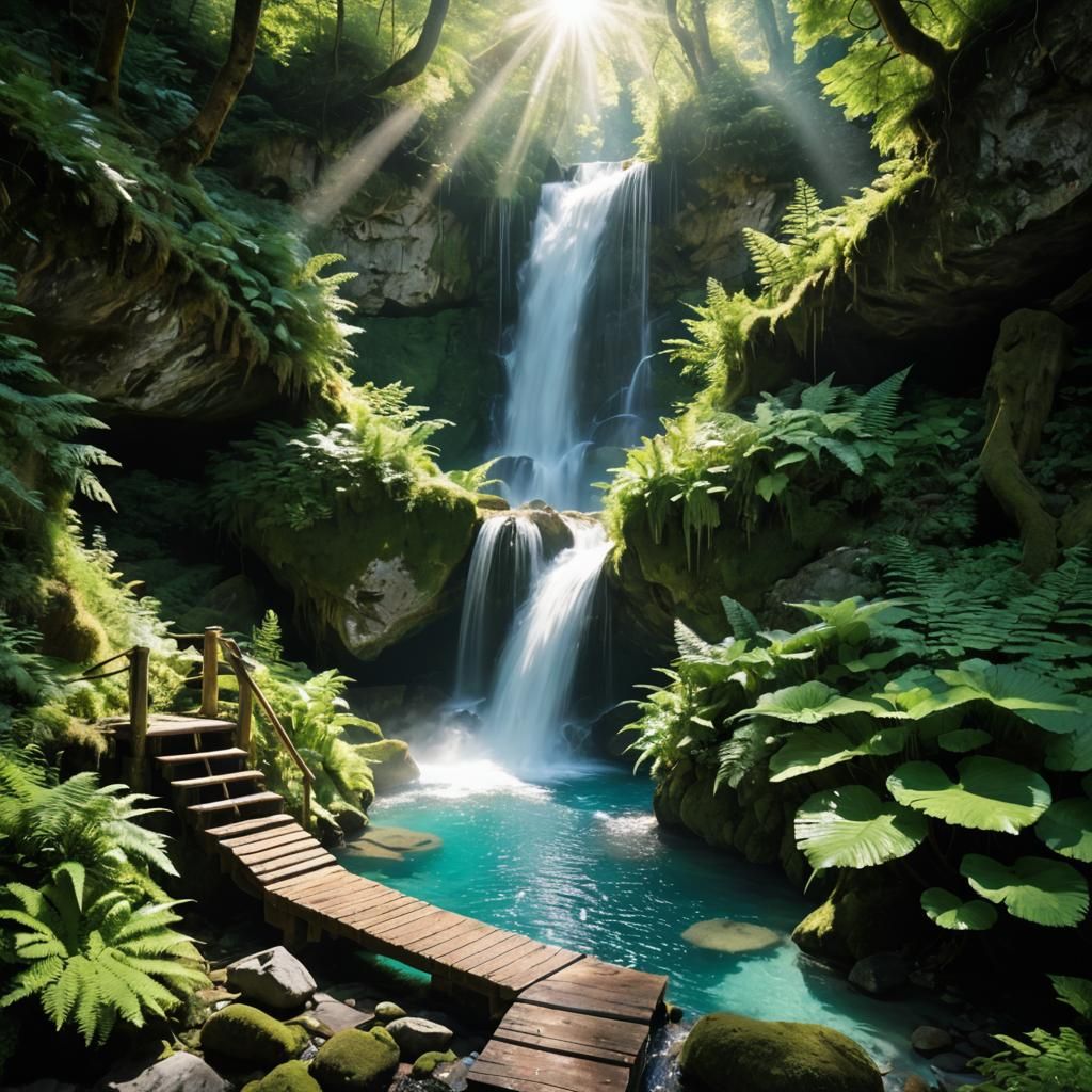 Subject Description: A secret waterfall tucked away in a hidden valley in the Italian Alps. The cascading water plunges ...