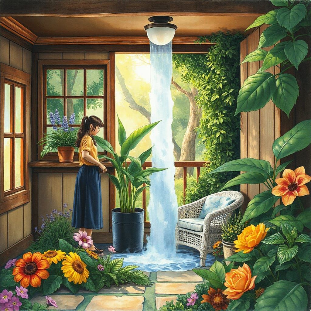 Waterfall Window Scene in Miyazaki Style