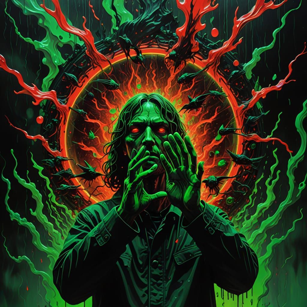 Surreal Figure in Neon Apocalypse Landscape