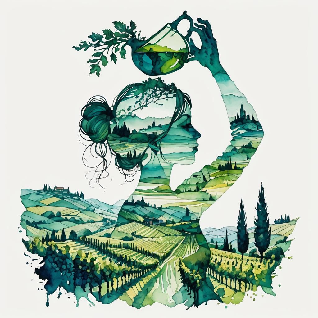 Green Silhouette in Double Exposure Ink Painting