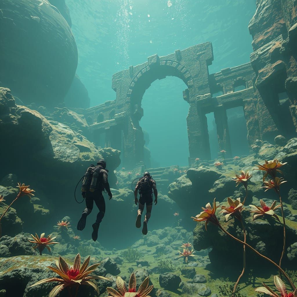Diver Explores Underwater Alien Ruins: Gritty Realism