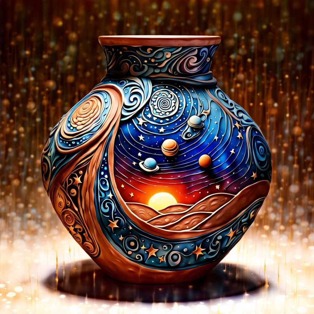 Planetary Pottery: Ethereal Carvings Against Sunset