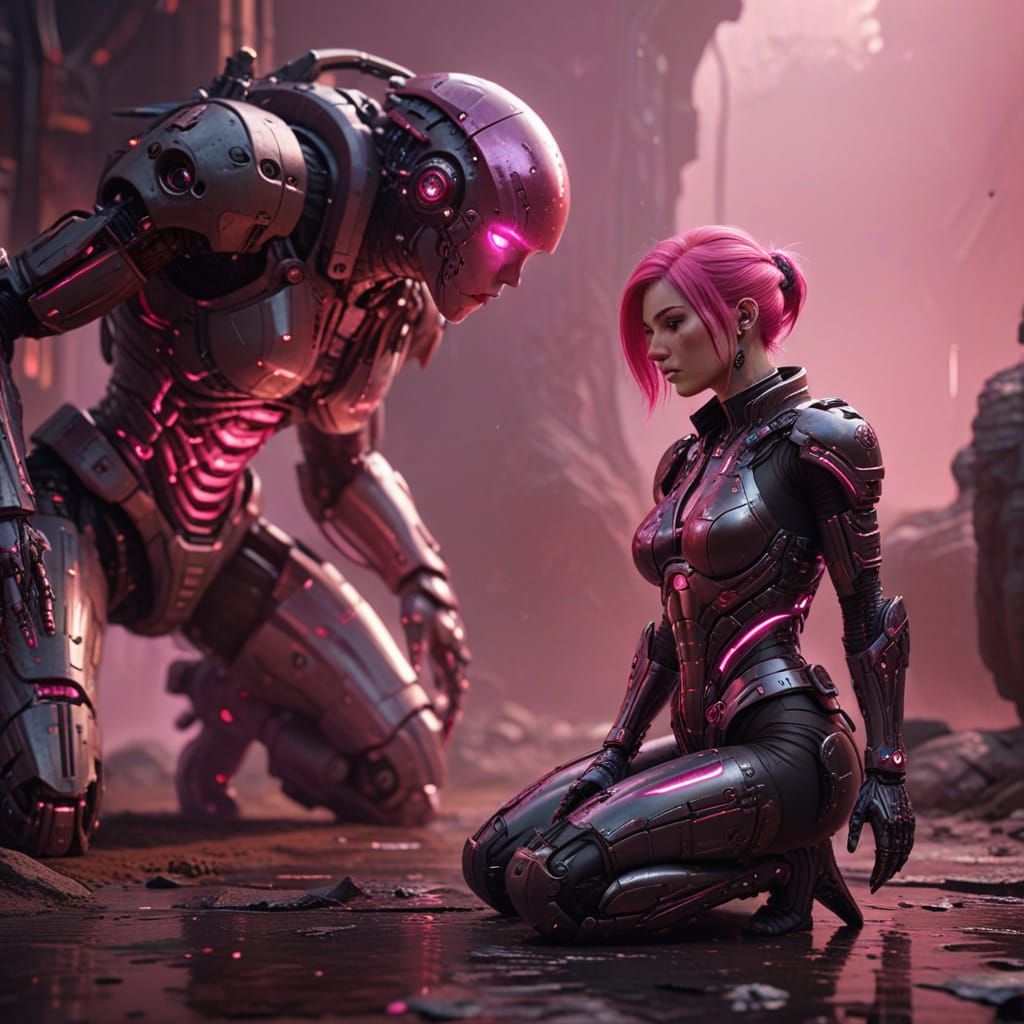 Pink-Haired Cyborg Woman Kneeling in Detailed Digital Art