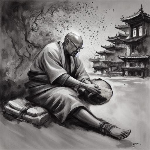 Bald Monk Shares Bread with Cat in Temple Garden