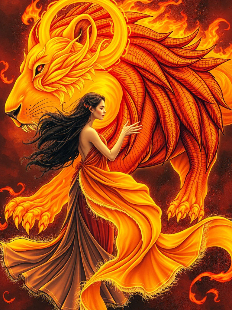 Fiery Woman Touches Lion in Baroque Style