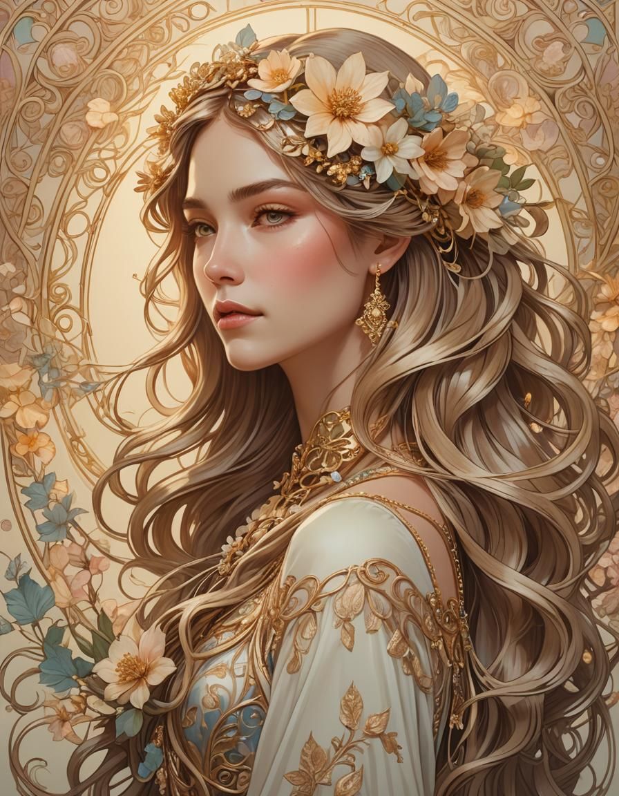 Art Nouveau Portrait of Woman with Flowers