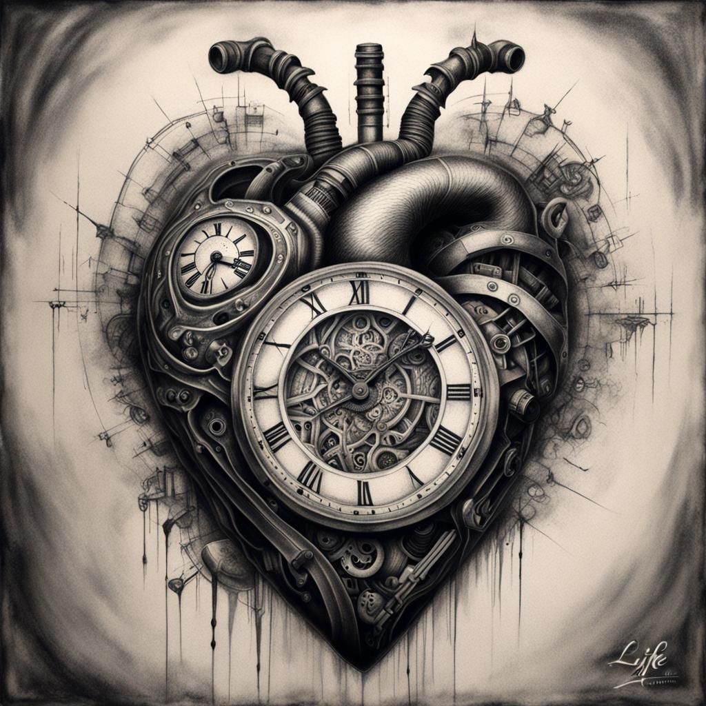 Cyberpunk Heart Tattoo Art with Ancient Clock