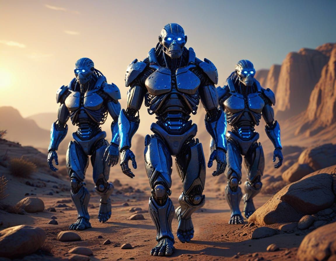 Robotic Neanderthals in Desert Sunset: Hyper-Realistic Sci-F...