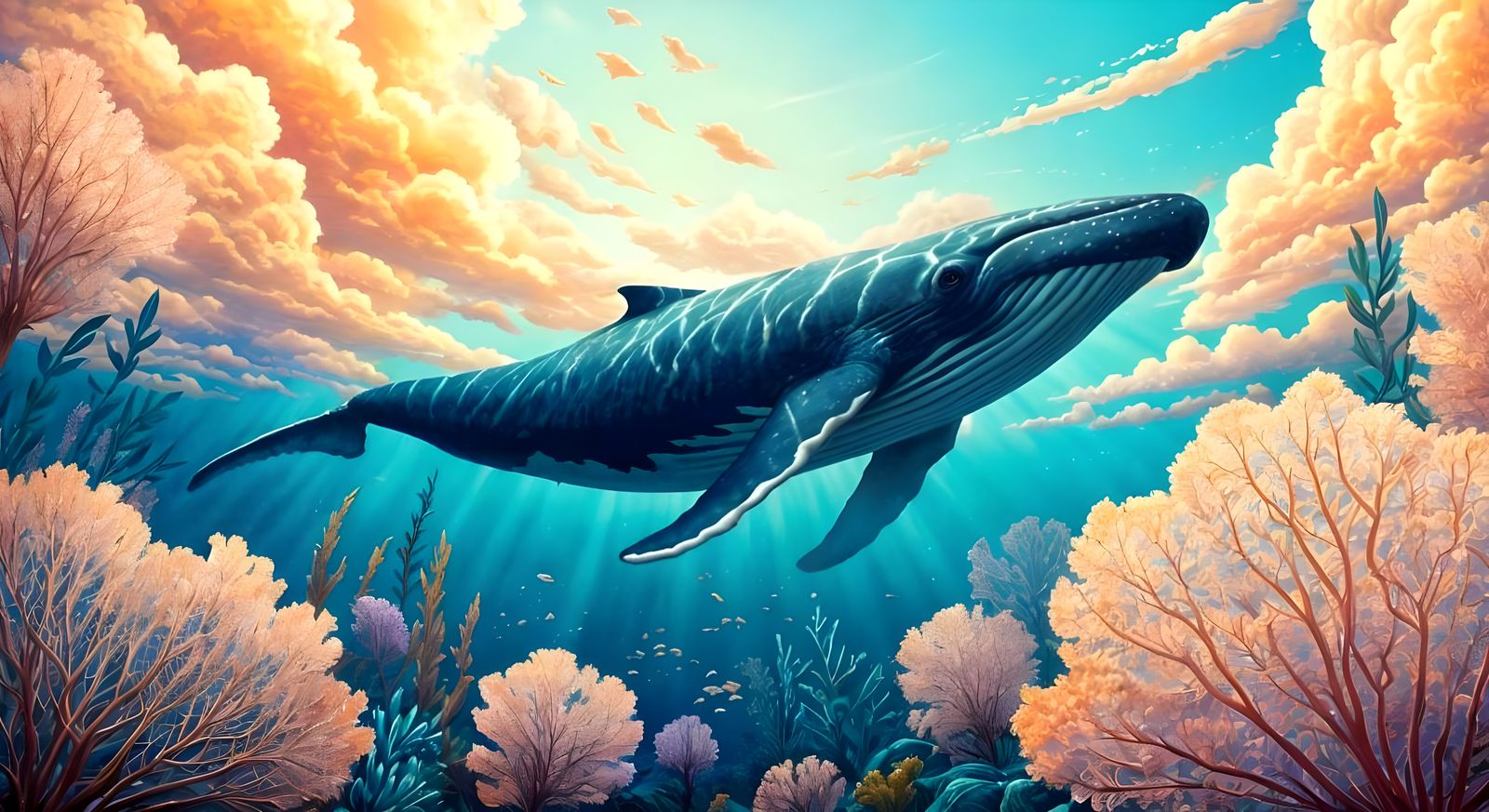Whale Glides Through Dreamlike Oceanic Landscape in Vibrant ...