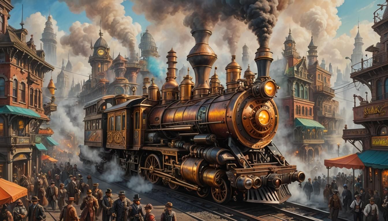 Colorful Steampunk City with Locomotive, Airbrush Art