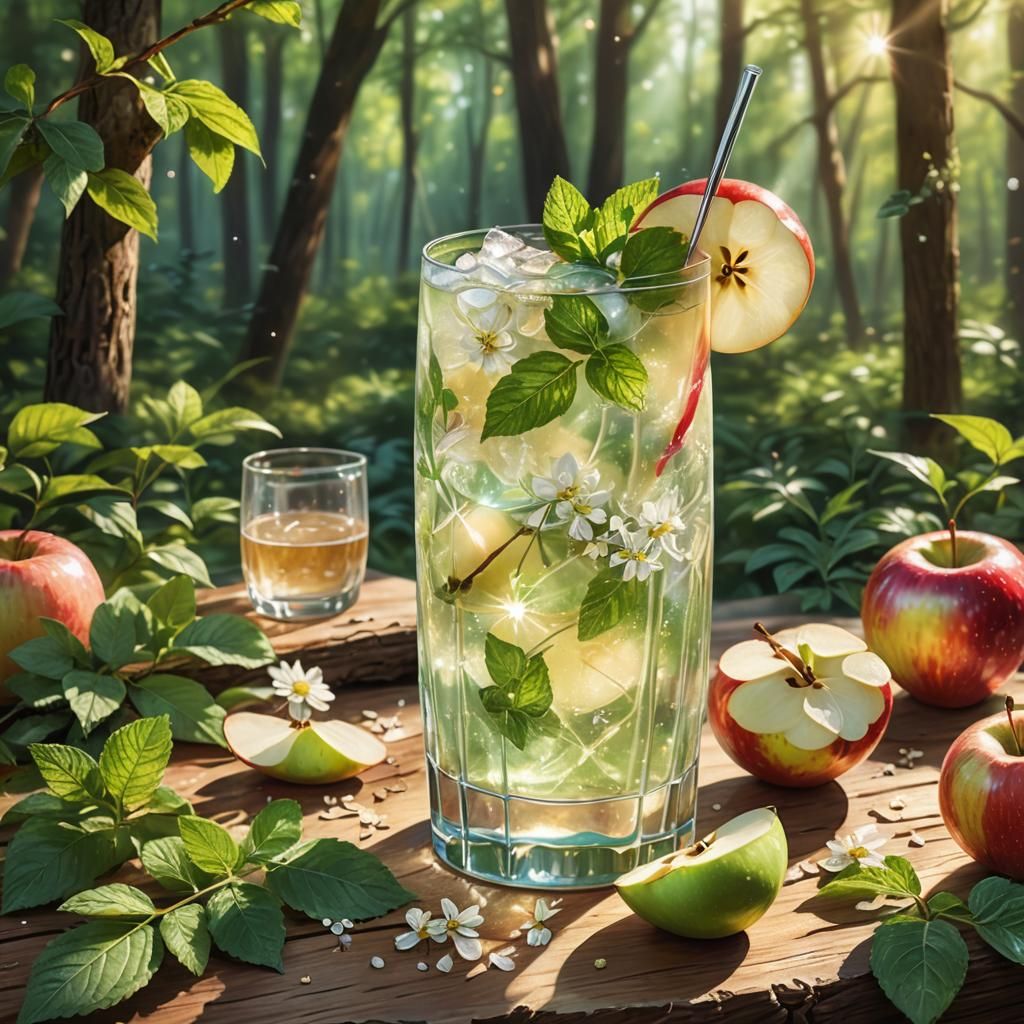 Sparkling Mocktail in Whimsical Forest: Fantasy Illustration