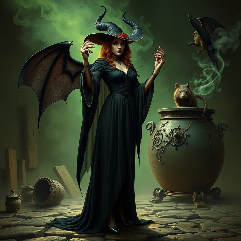 Realistic Witch with Raven and Cauldron