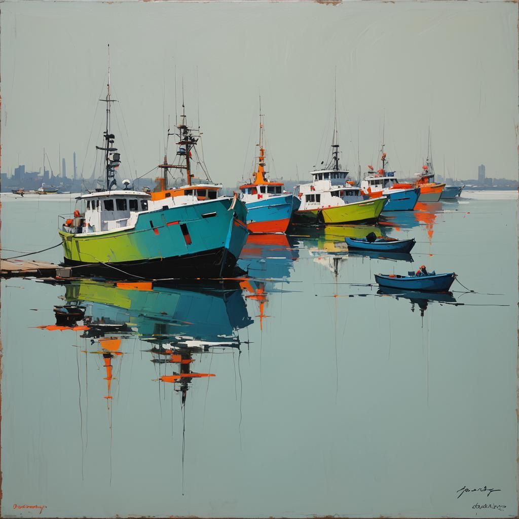 Abstract Minimalist Boats with Neon Accent: Oil Painting