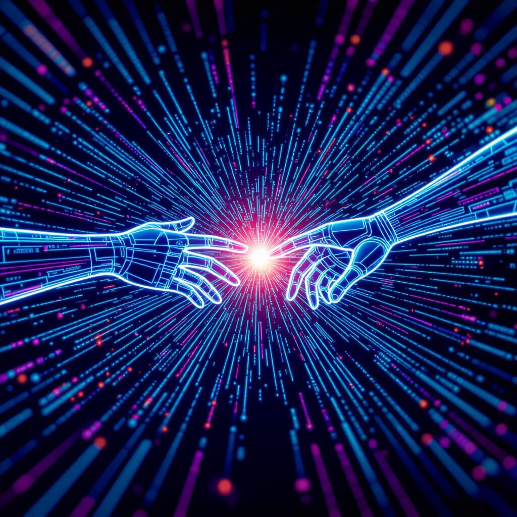 Cybernetic Connection: Lines of Code Forming Reaching Arms