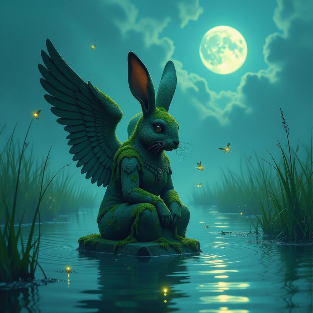 Ancient Winged Rabbit Statue in Bioluminescent Swamp