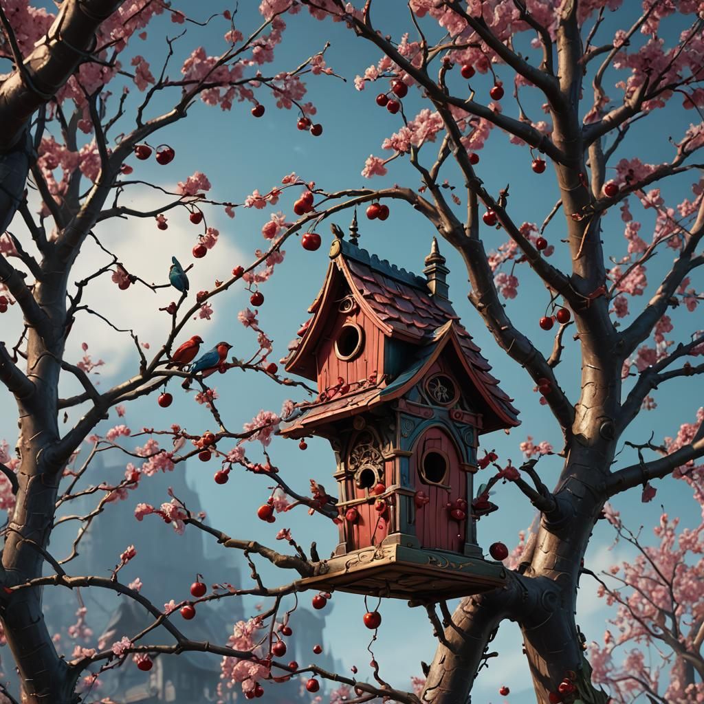 Detailed Cherry Birdhouse Fantasy Concept Art