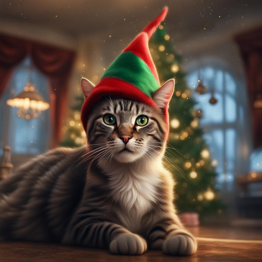 Cat in Elf Hat by Christmas Tree