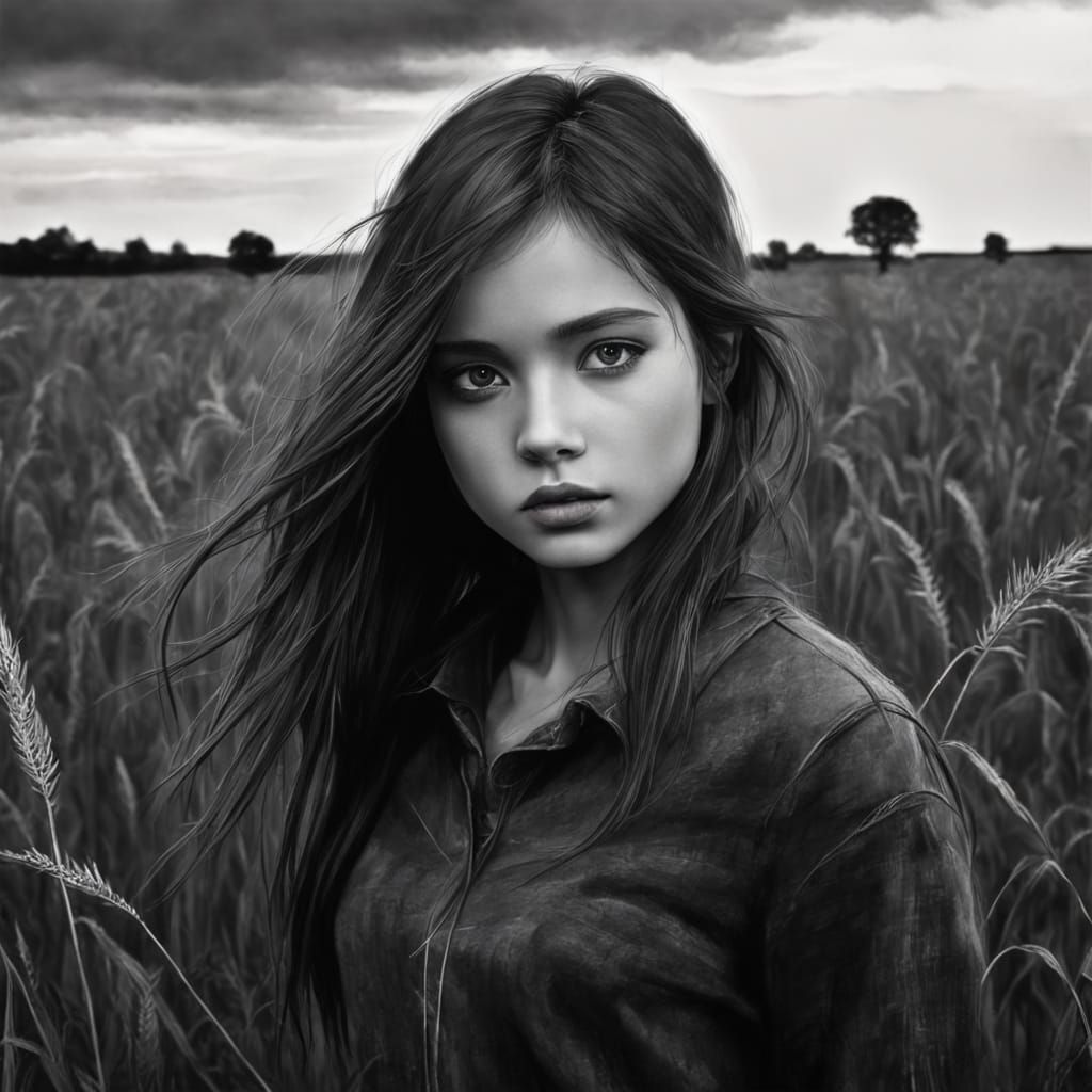 Girl in Field, Charcoal Drawing