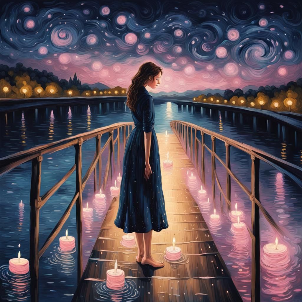 Woman on Bridge in Van Gogh Style Night Scene