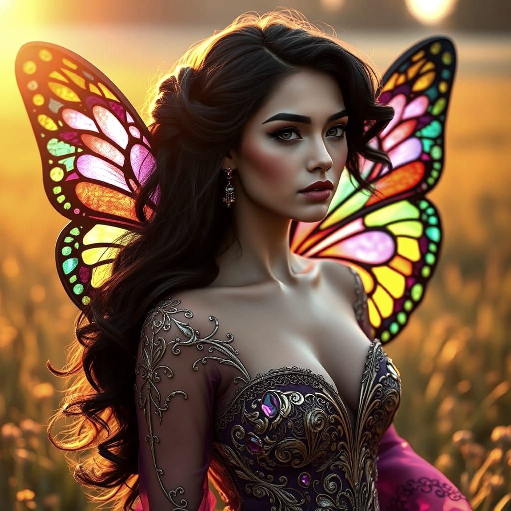 A captivating fantasy illustration showcases a woman with cascading dark hair, elegantly dressed in a violet-gold gown a...