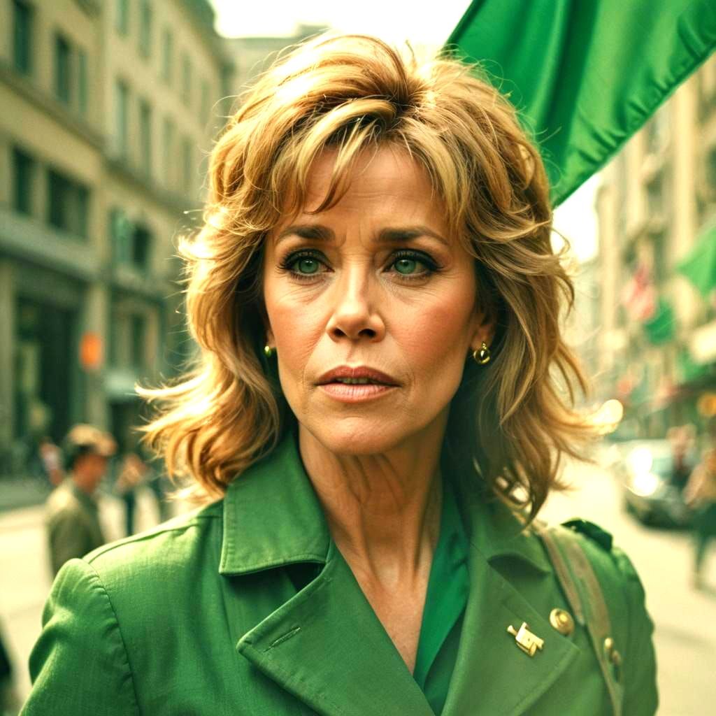 Jane Fonda Holding a Green Flag
