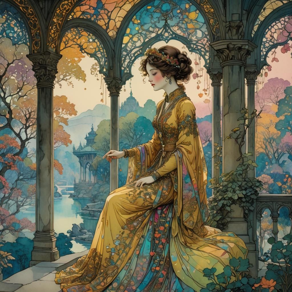 Stylish Lady in Gazebo with Palace in Idylic Style