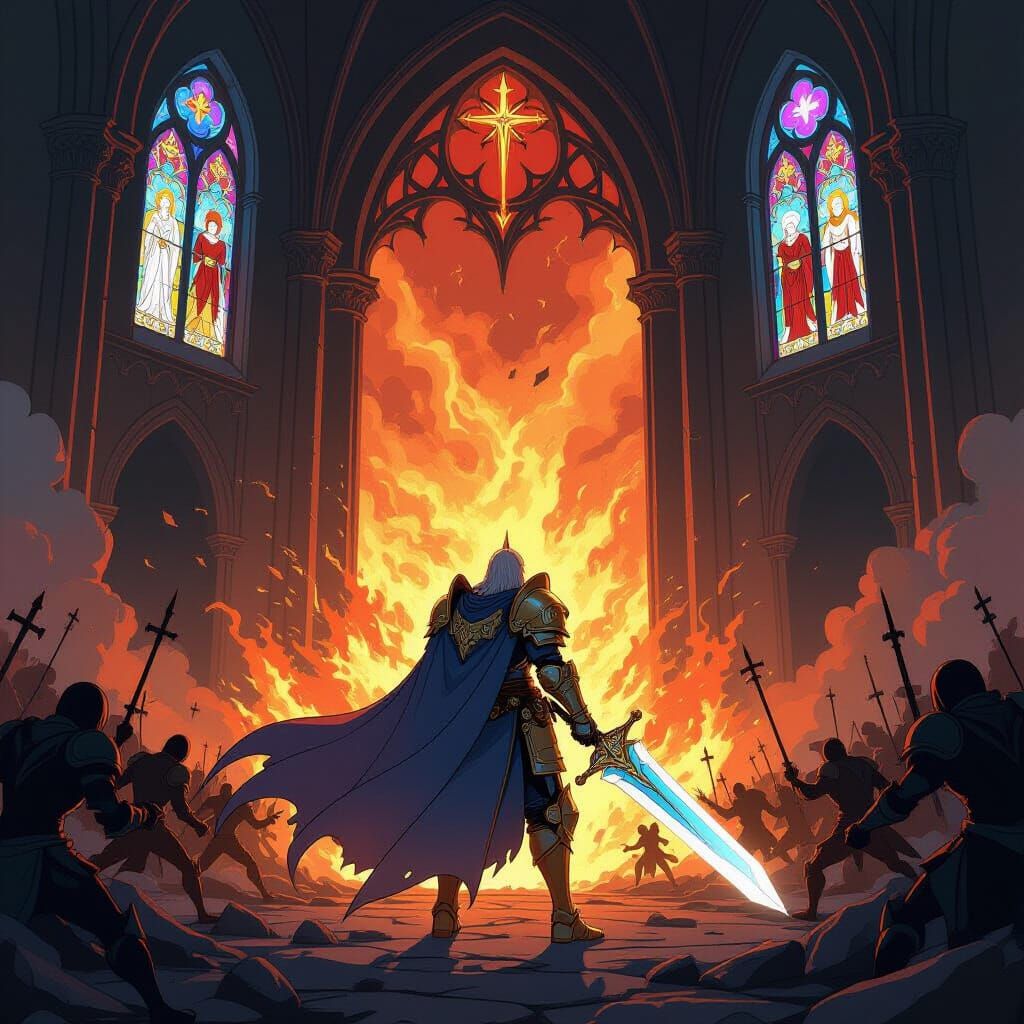 Paladin vs Demons in Ruined Cathedral, Anime Style