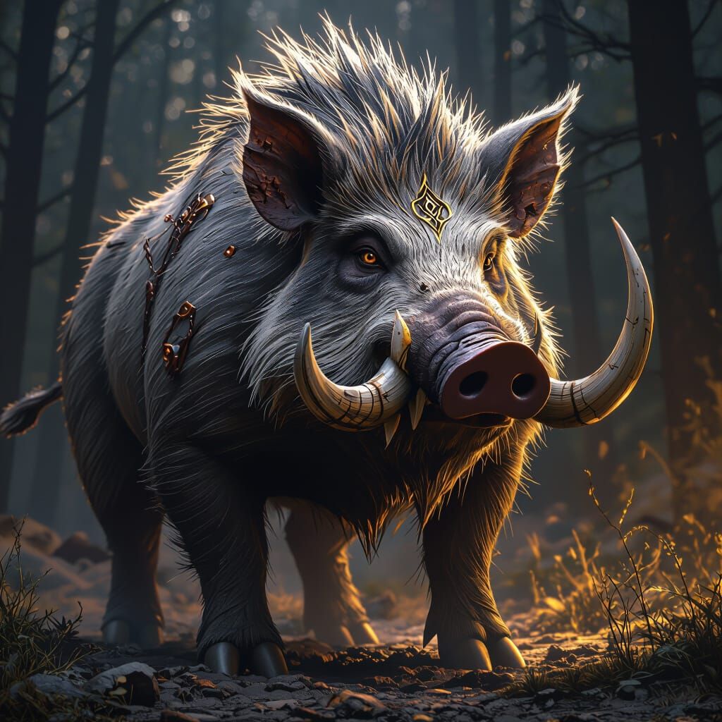 Hyperdetailed Giant Boar in Dark Fantasy Style