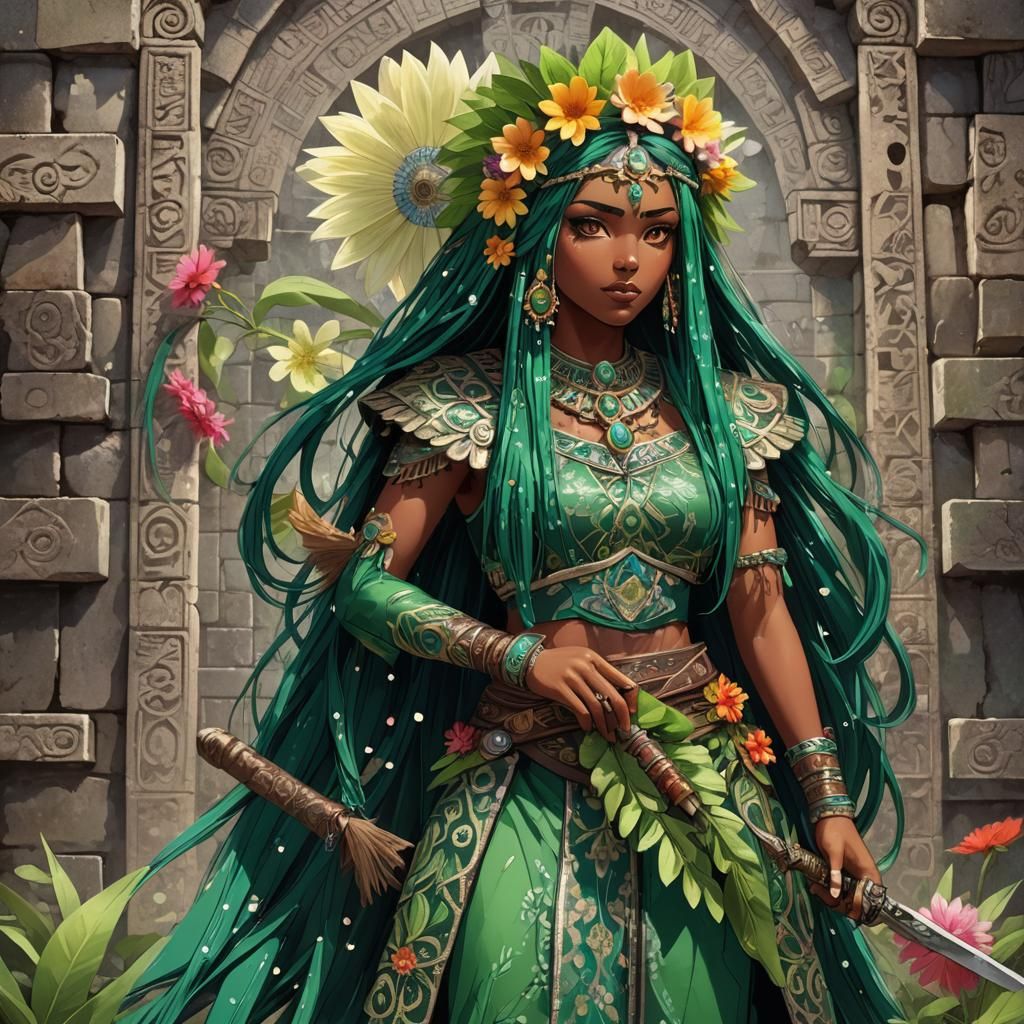 Latina Anime Girl in Mesoamerican Ruins, Gouache Art