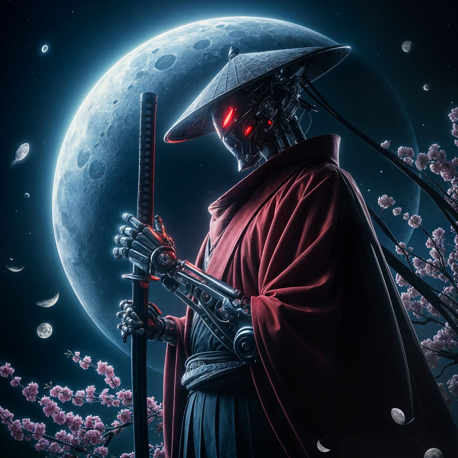 Robotic Samurai Under a Crescent Moon with Sakura Petals