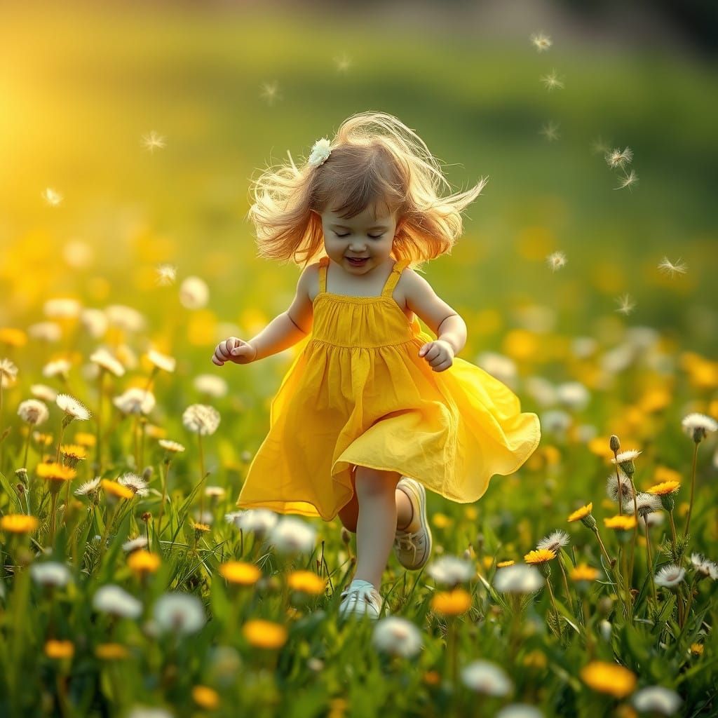 Child Dancing in a Vibrant Dandelion Field with Magical Whim...