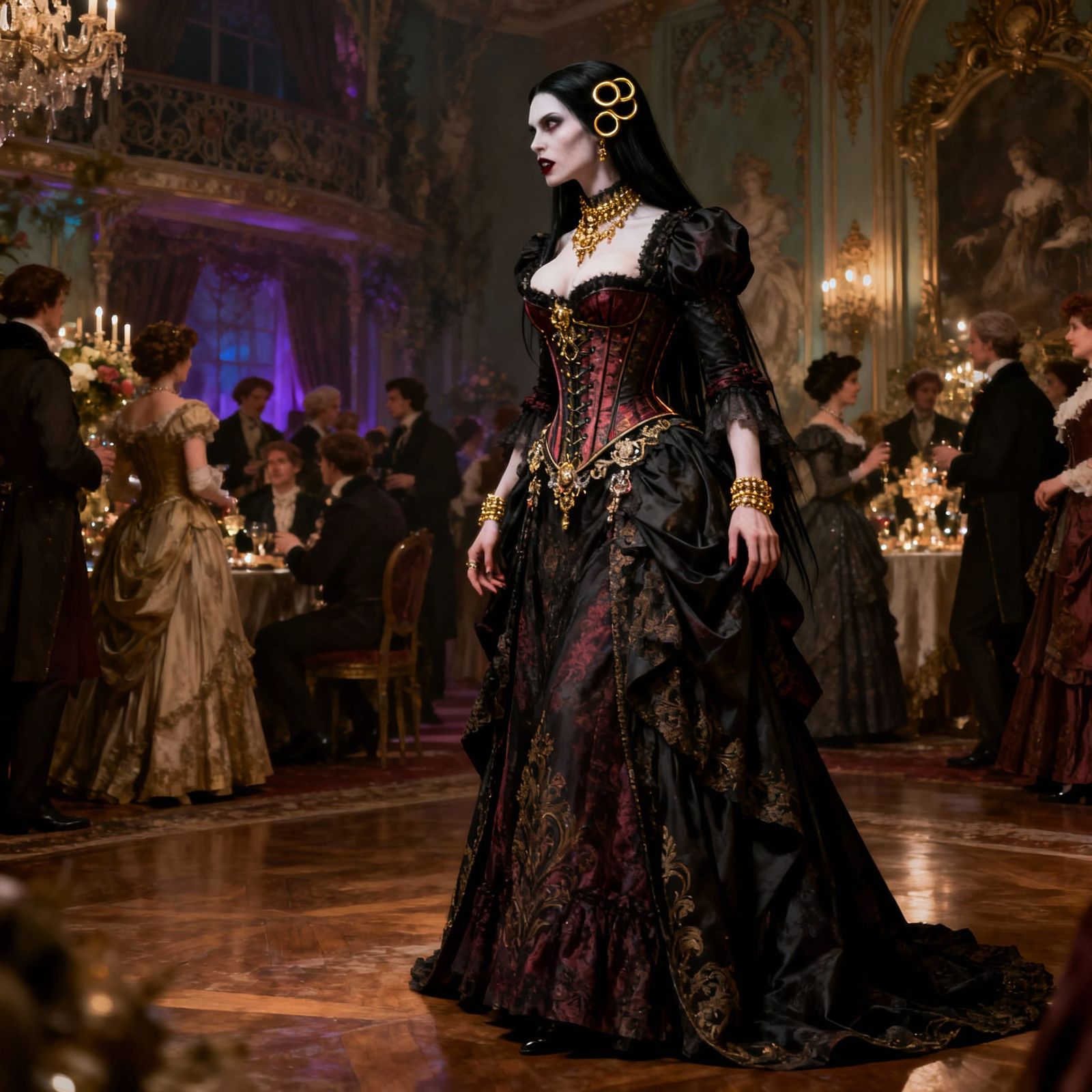 Vampire Woman Gazes at Victorian Party