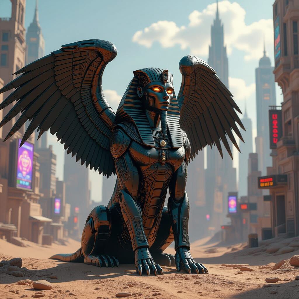 Biomechanical Sphinx Guarding Cyberpunk City