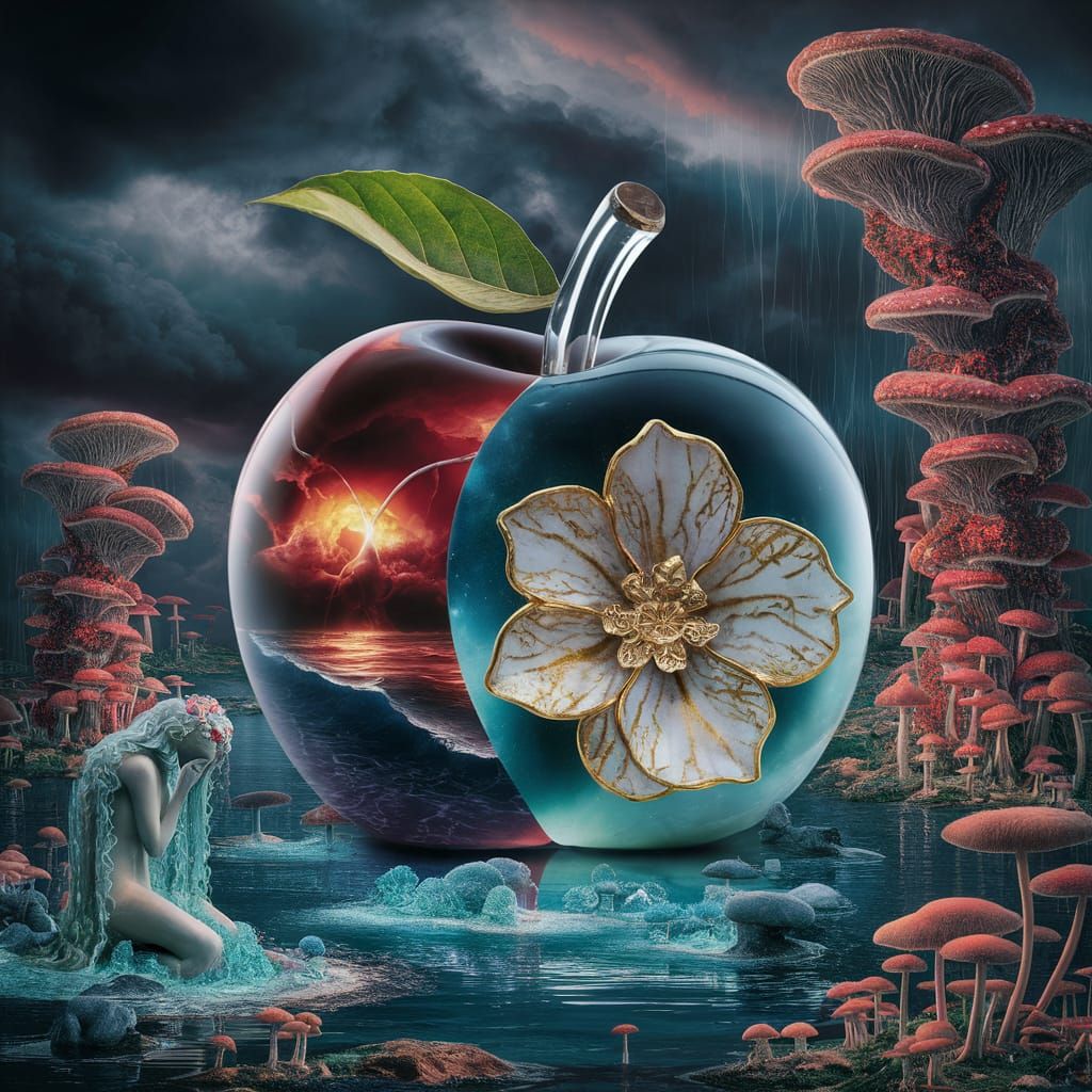 Surreal Double Exposure: Glass Apple in Fantastical Swamp