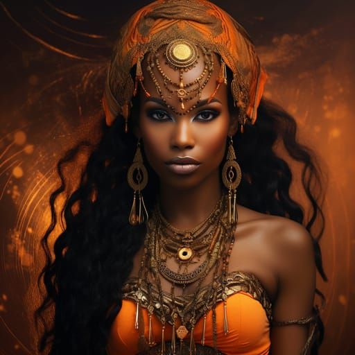Black Woman with Ancient Jewelry in Avocadopunk Style