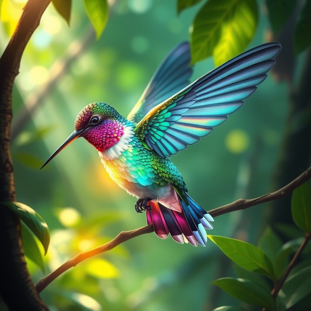 Bioluminescent Hummingbird Feeds in Jungle Clearing