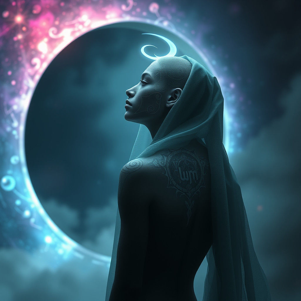 Mystical Figure at Iridescent Portal in Cinematic Style