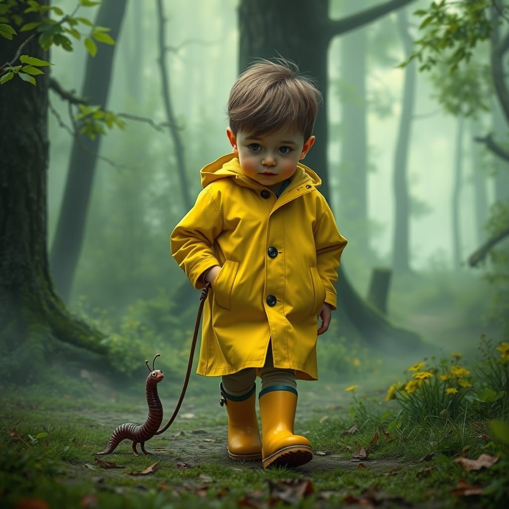 A young boy, walking his pet worm