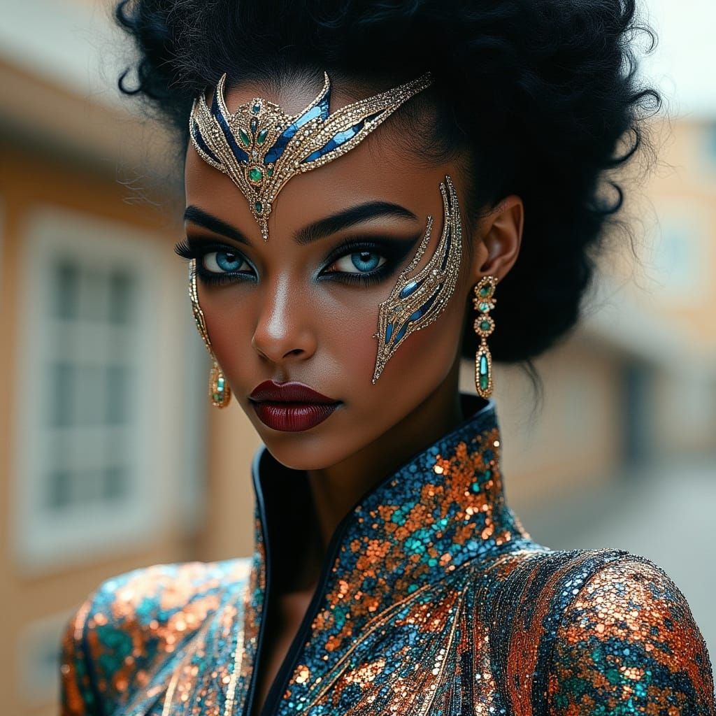 Surreal Afrofuturist Goddess in Intricate, High-Contrast Att...