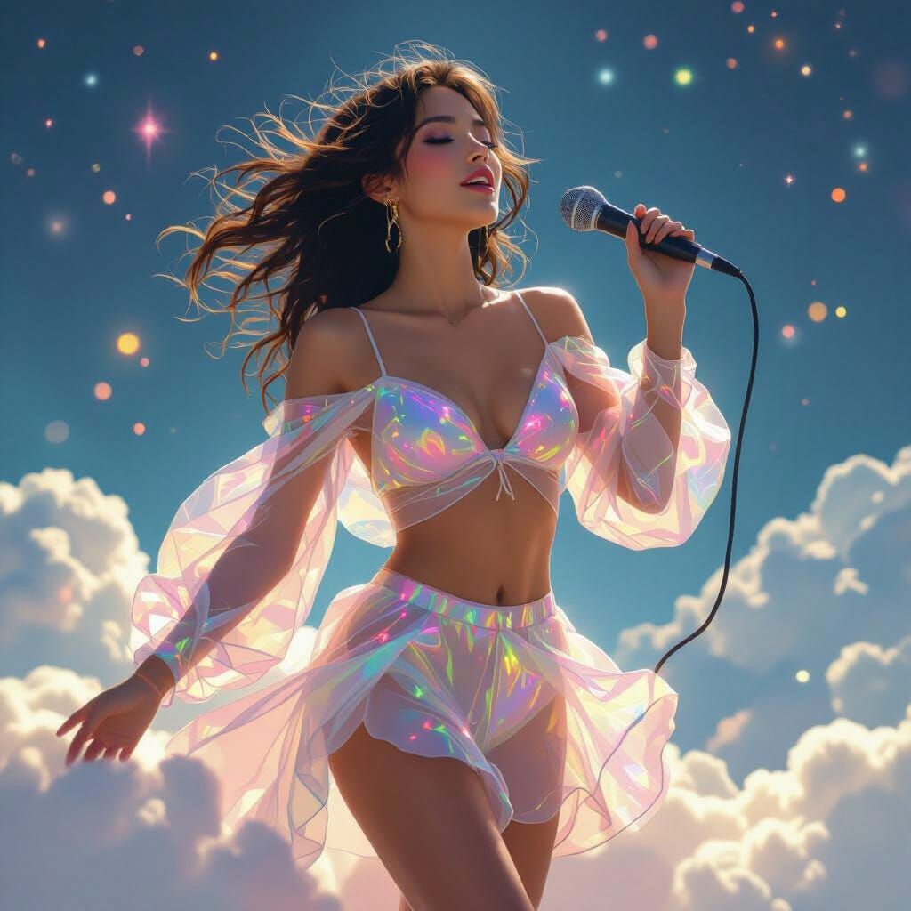 Celestial Woman Dances on Cloud in Neon Style