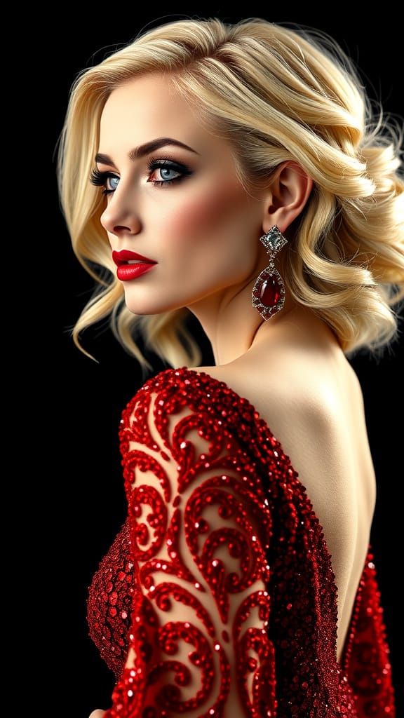 Ethereal Blonde Woman in Scarlet Red Couture Gown