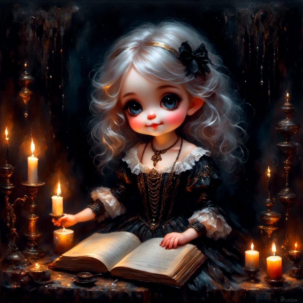 Cute Goth Girl in Gothic Parlor: Romantic Acrylic Painting