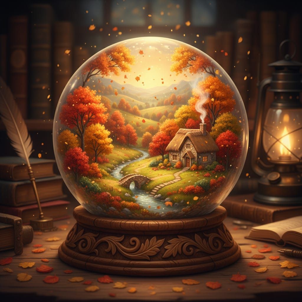 Autumn Scene Inside Glass Ball Miniature Fantasy Art