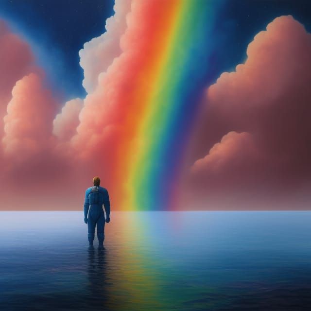 Astronaut in Ocean with Rainbow Smoke: Sci-Fi Oil Painting